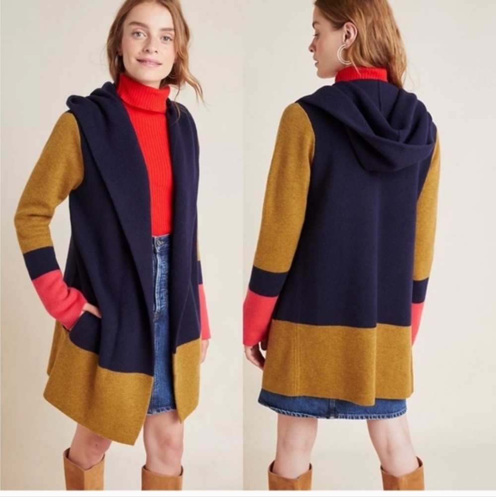 Anthropologie Field Flower Colorblock Wool Sweater Long Cardigan Coat Size Small